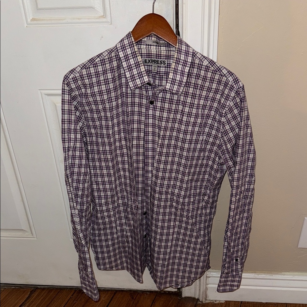 Express Men's Checkered Shirt - Purple and White